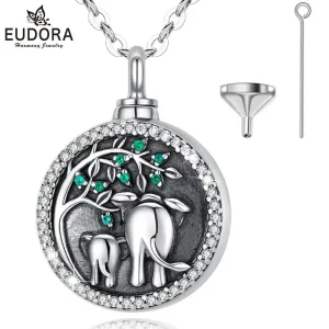 Runder Flacon oder Urne mit Elefanten und grünen Zirkonia | 925 Medaillons