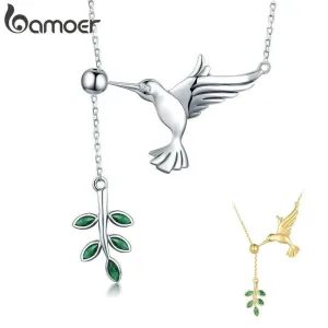 Kolibri und grüne Blätter, feine Ypsilon-Kette, Gold oder Silber Collier mit Vogel und Zirkonia | 925 Silber Halskette brand: Bamoer