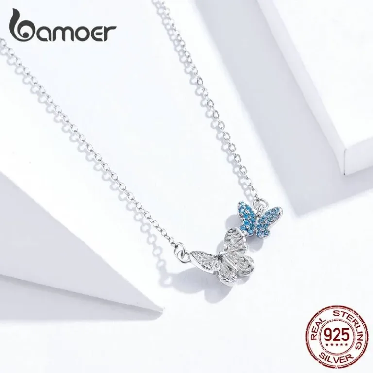 Zwei Schmetterlinge mit blauen Zirkonia | 925 Silber Collier-Halskette brand: Bamoer