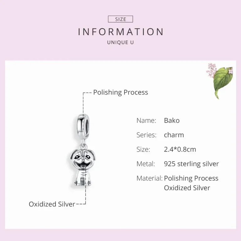 925 Silber Mops Anhänger. Detaillierter Hund Charm für Beads, oxidiertes Silber, ein lustiger kleiner Hund, auch als Hundebaby Anhänger geeignet.