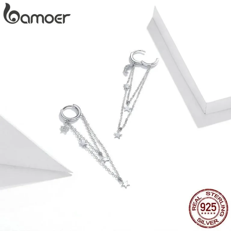 Asymmetrische Klapp-Creolen mit langen Ketten, Mond und Sternen | 925 Silber Ohrringe brand: Bamoer