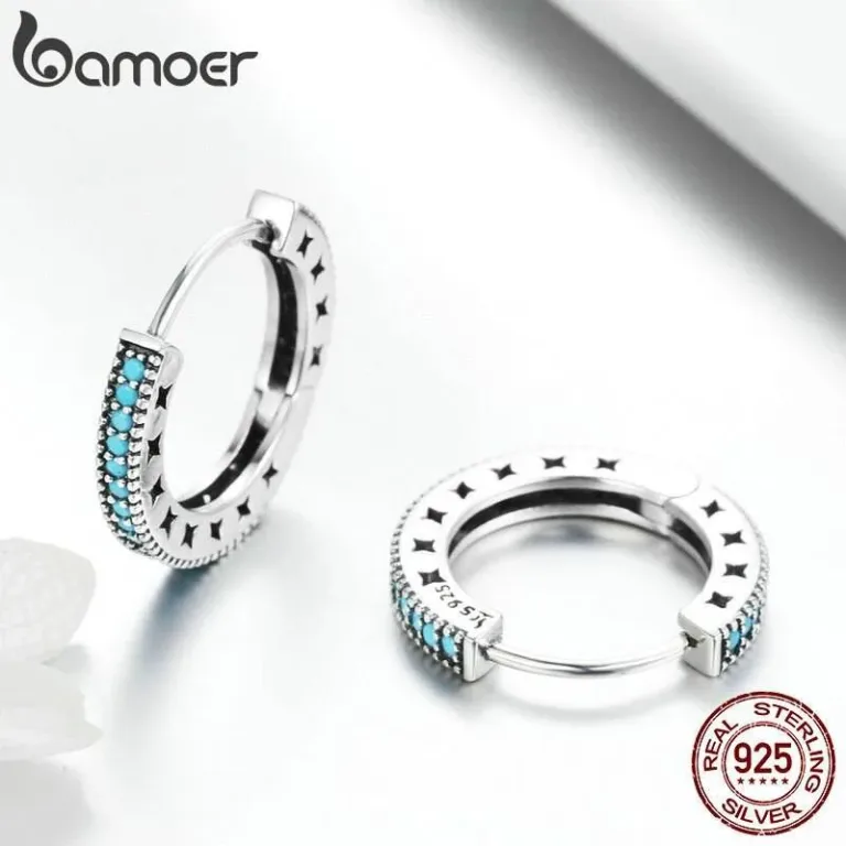 Himmelblaue Klapp-Creolen mit Türkisen, Indianer-Style | 925 Silber Ohrringe brand: Bamoer