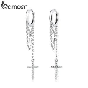 Lange Klapp-Creolen mit Kreuzen an Silberketten, Zirkonia | 925 Silber Ohrringe brand: Bamoer