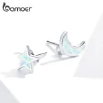 Mond und Stern mit schimmerndem Opal, asymmetrische Ohrringe | 925 Silber Ohrstecker brand: Bamoer
