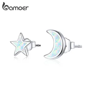 Mond und Stern mit schimmerndem Opal, asymmetrische Ohrringe | 925 Silber Ohrstecker brand: Bamoer