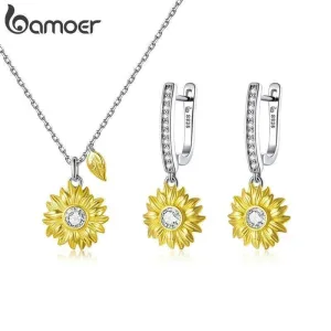 Sommer-Schmuck! Vergoldete Sonnenblumen, Halskette und Ohrringe | 925 Silber Schmuck-Sets brand: Bamoer