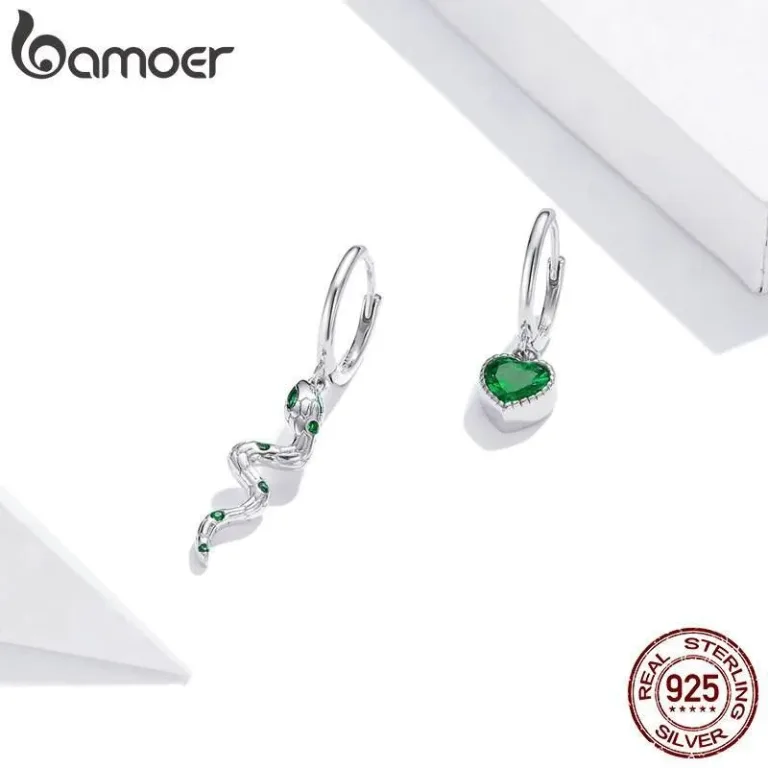 Asymmetrische grüne Klappcreolen mit Schlange und Herz | 925 Silber Ohrringe brand: Bamoer