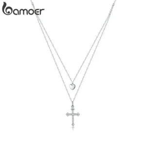 Double Layer Halskette mit Herz und Zirkonia-Kreuz | 925 Silber Kette brand: Bamoer