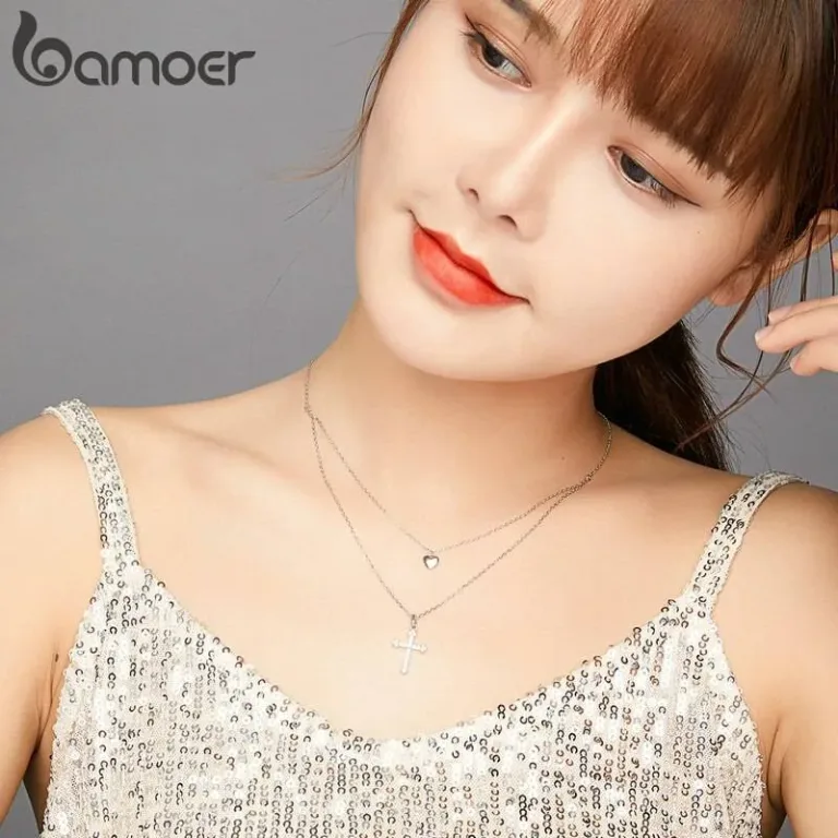 Double Layer Halskette mit Herz und Zirkonia-Kreuz | 925 Silber Kette brand: Bamoer