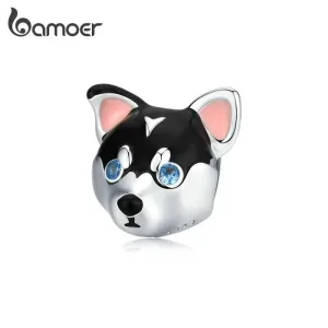 Hund, süßes Hundebaby oder Husky-Welpe mit Emaille und Zirkonia-Augen | 925 Silber Beads & Charms brand: Bamoer