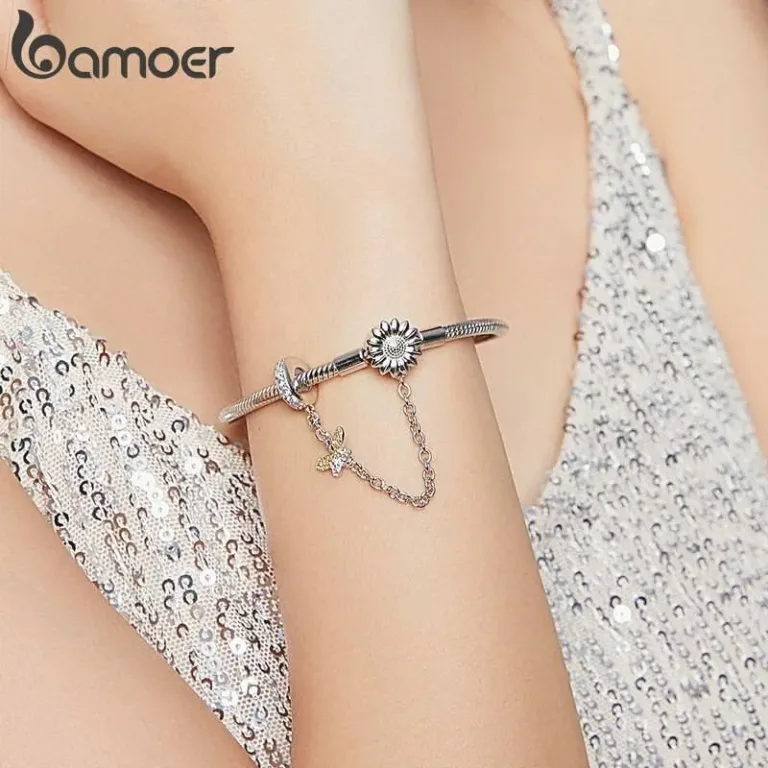 Schlangenarmband mit Sicherheitskette “Sonnenblume” für Beads & Charms (17-19cm) | 925 Silber Armband armschmuck-groesse: 17cm|19cm