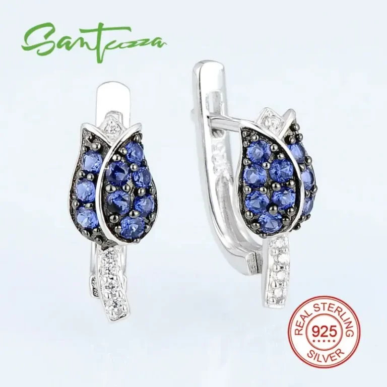 Blaue Tulpen Ohrringe mit Zirkonia im Russischen Schloss Design. 925 Silber Huggies Ohrstecker mit filigranen blauen Blüten.