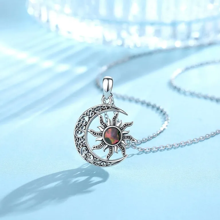 Feurige Perlmutt Sonne im offenen Mond | 925 Vintage Silber Anhänger ・thema: Mystik