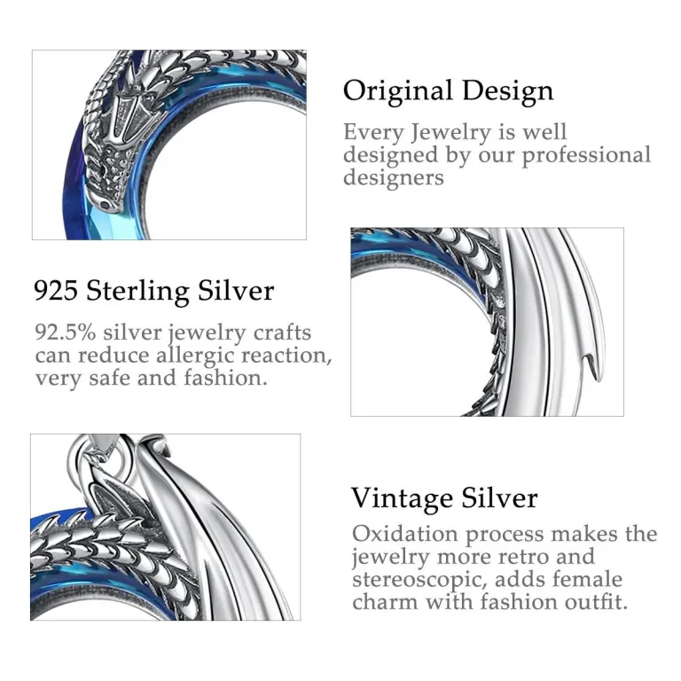 Silber Drache auf blauem Kristall Glas, Fantasy Halskette | 925 Drachenschmuck Anhänger brand: Eudora