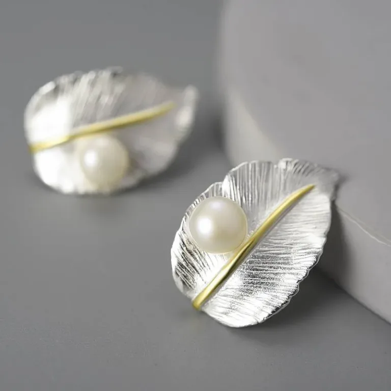 Große breite Blatt Ohrstecker mit Süßwasser Perle und Goldader | 925 Silber Ohrringe brand: Lotus Fun