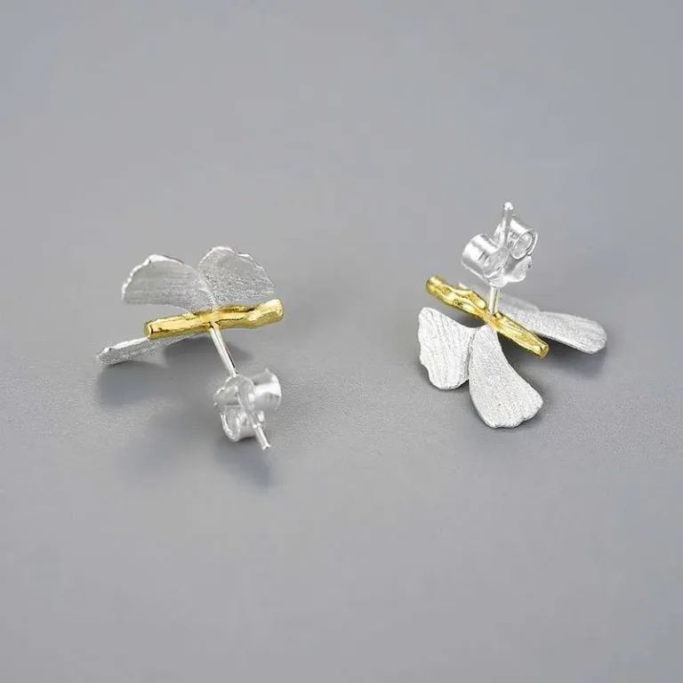 Lebendige Ginkgo Schmetterlinge, vergoldete und mattierte Ohrstecker | 925 Silber Ohrringe brand: Lotus Fun