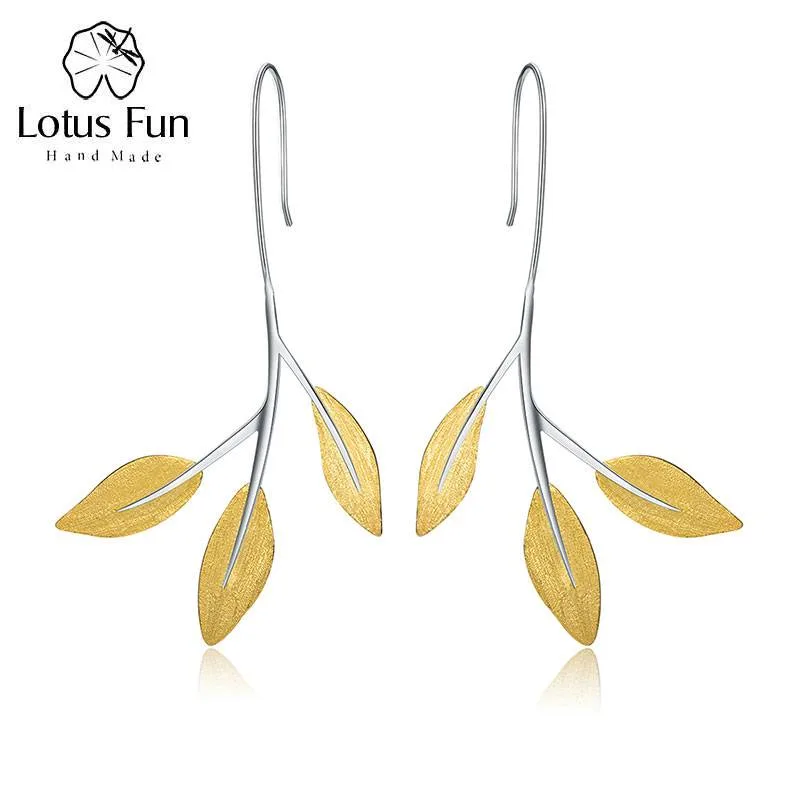 Olivenblätter, Blatt Ohrhänger, teils vergoldet und mattiert | 925 Silber Ohrringe Olivenblätter, Blatt Ohrhänger, teils vergoldet und mattiert | 925 Silber Ohrringe brand: Lotus Fun