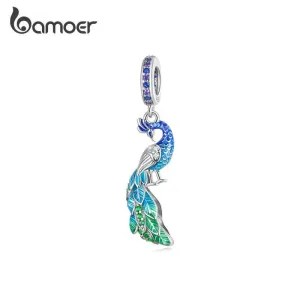 Traumhafter blauer Pfau als 3D Dangle Charm oder Kettenanhänger | 925 Silber Beads brand: Bamoer