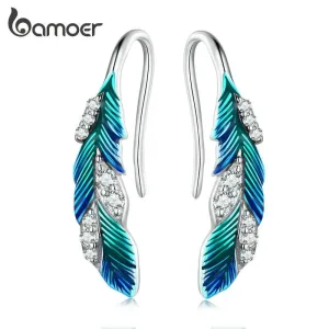 Pfau, Schimmernde kleine Vogelfeder-Ohrringe mit Zirkonia | 925 Silber Ohrhänger brand: Bamoer