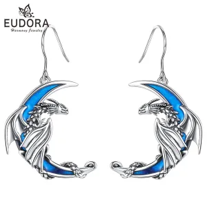 Vintage Drachen Ohrhänger im blau emailierten Mond, Monddrachen | 925 Silber Ohrringe brand: Eudora