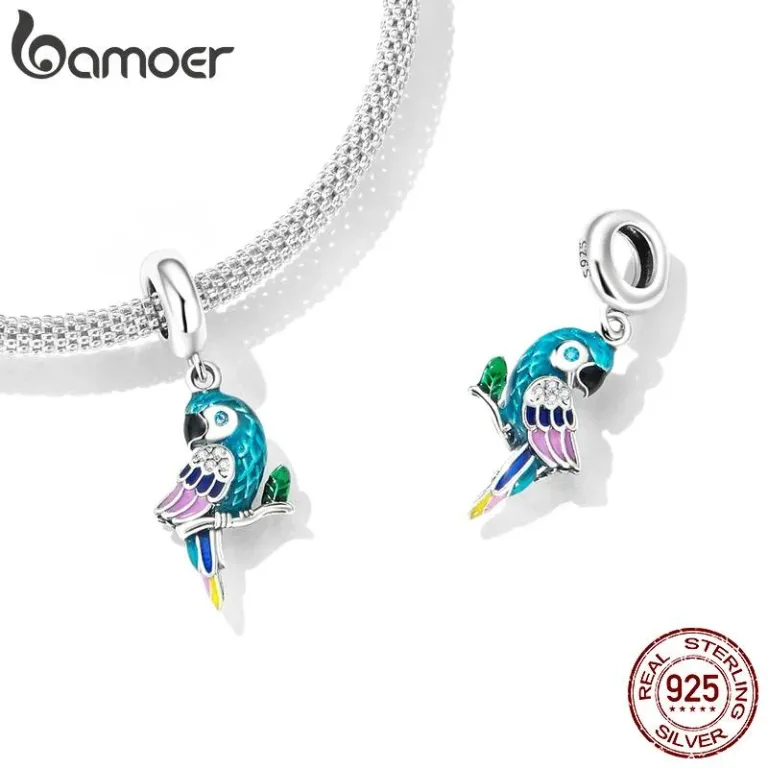 Bunter Papagei als 3D Dangle Charm oder Kettenanhänger, Emaille | 925 Silber Beads brand: Bamoer