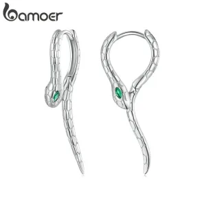 Originelle lebendige Schlangen als Klappcreolen Ohrhänger, grüne Augen | 925 Silber Ohrringe brand: Bamoer