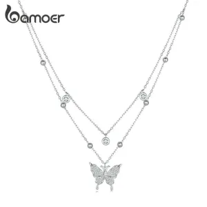 Schmetterling, funkelnde Double Layer Halskette mit Zirkonia-Kristallen | 925 Silber Collier brand: Bamoer