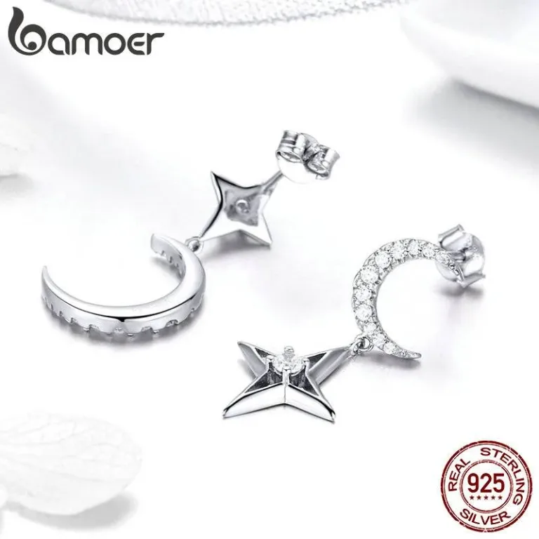 Asymmetrische Ohrstecker mit Zirkonia-Mond und Sternen | 925 Silber Ohrringe brand: Bamoer