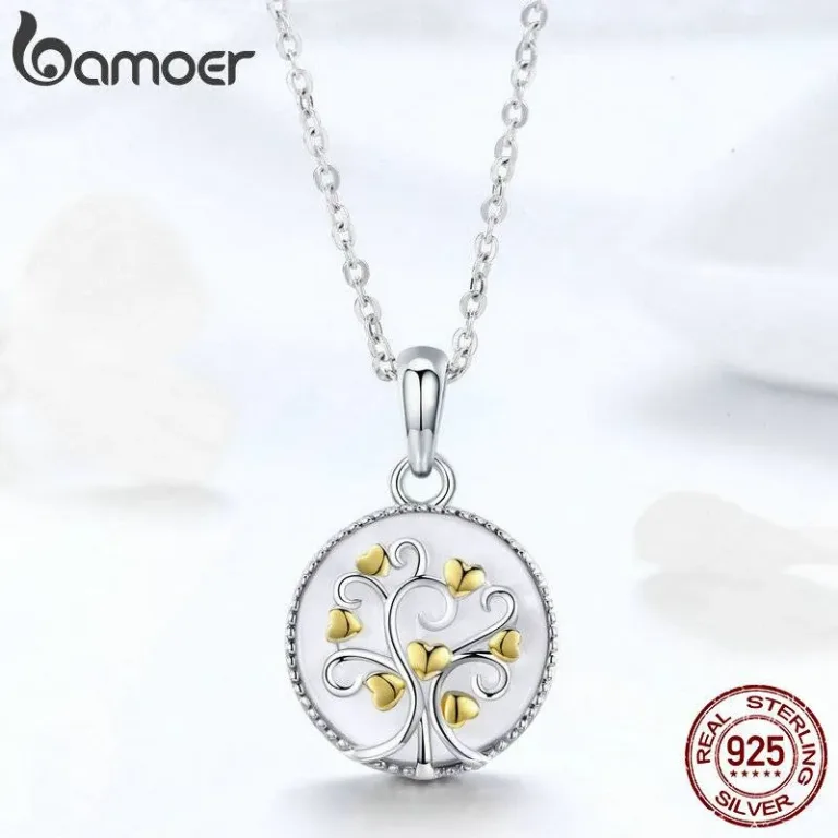 Lebensbaum mit Gold-Herzen auf weißem Perlmutt, mit Halskette | 925 Silber Anhänger brand: Bamoer