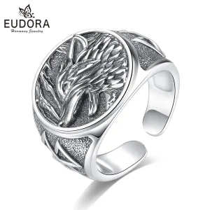Odin’s Wolf und Valknut, offener Ring für Herren, Wikinger Schmuck | 925 Vintage Silber brand: Eudora