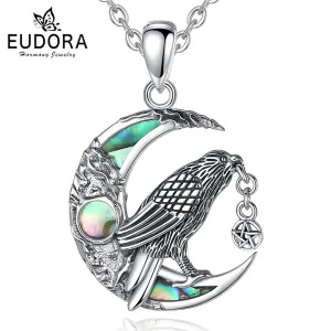 Mond Rabe oder Krähe mit Pentagramm, Mondstein und Perlmutt | 925 Silber Anhänger brand: Eudora