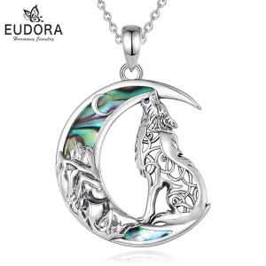 Heulender Wolf im Perlmutt-Mond (Mondwolf), Krafttier Halskette | 925 Silber Anhänger brand: Eudora