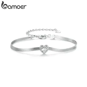 Herz Armband, Breite Fischgräten-Kette mit Kristall, Flache Schlangenkette | 925 Silber brand: Bamoer