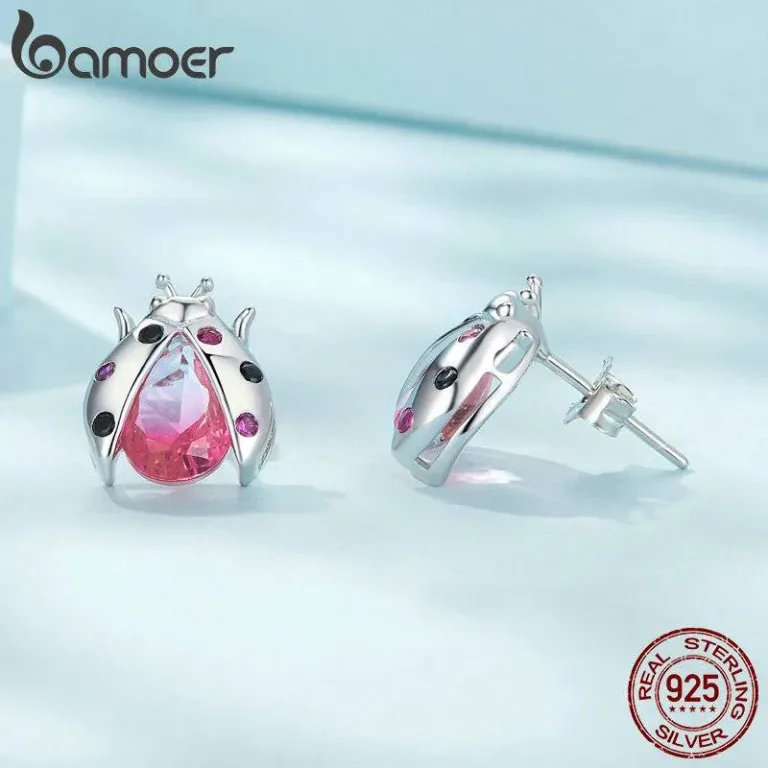 Pink! Marienkäfer mit Zirkonia, Lebendige Kristall-Ohrstecker, Glückskäfer | 925 Silber Ohrringe brand: Bamoer