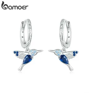 Blaue Vögel! Kolibri-Ohrhänger mit blauen Kristallen, Klapp-Creolen | 925 Silber Ohrringe brand: Bamoer