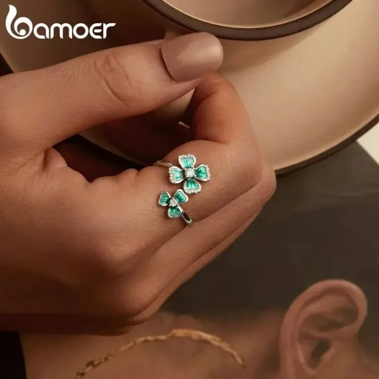 Grüner Blüten-Ring! Kleeblatt oder Glücksklee in Emaille, verstellbar | 925 Silber Ringe brand: Bamoer
