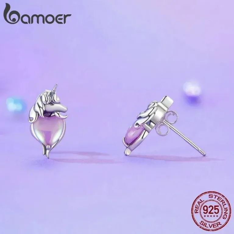 Einhorn Herzen! Einhorn-Ohrstecker mit Glas-Herz, auch für Mädchen | 925 Silber Ohrringe brand: Bamoer