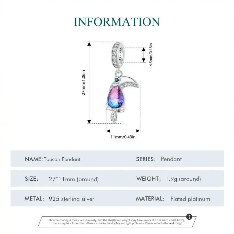 Tukan Dangle mit blau lila Regenbogen-Kristall, funkelnder Vogel Charm | 925 Silber Anhänger