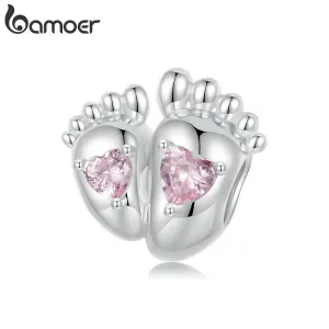 Baby Füße mit Rosa Herzen, Mama & Kind, 3D Zirkonia Charm für Mutterliebe | 925 Silber Beads brand: Bamoer
