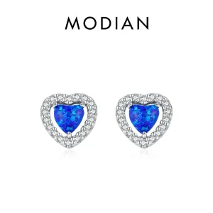 Blauer Opal! Herz-Ohrstecker mit Zirkonia-Kristallen von Modian | 925 Silber Ohrringe brand: Modian