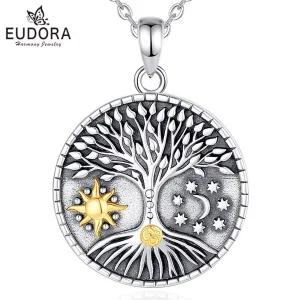 Vintage Lebensbaum mit Gold Sonne und Mond, OM Symbol, Spirituelle Halskette | 925 Silber Anhänger brand: Eudora