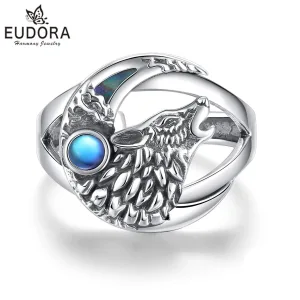 Vintage Mond-Wolf Ring mit Mondstein, Damen und Herren Krafttier, größenverstellbar | 925 Silber Ringe brand: Eudora