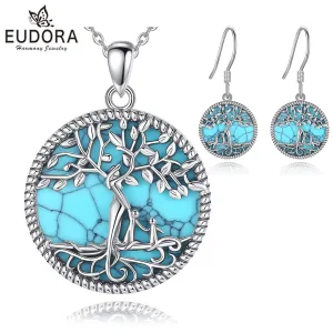 Lebensbaum-Schmuckset! Baum mit Mutter-Göttin auf Türkis Edelstein | 925 Silber Halskette und Ohrringe brand: Eudora