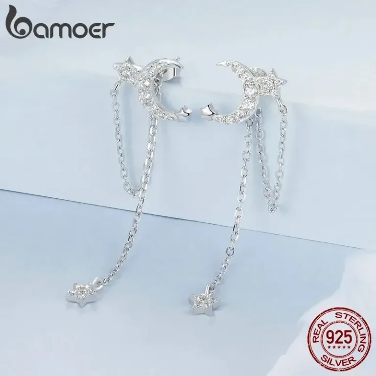Mond-Stern Ohrhänger mit langen Ketten und Kristallen! Front Back Ohrstecker | 925 Silber Ohrringe brand: Bamoer