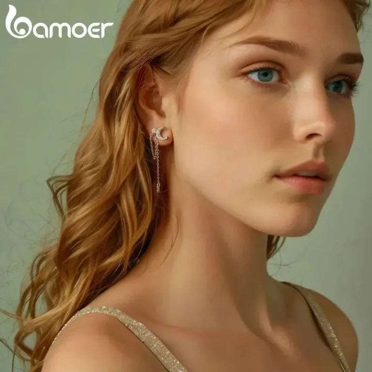 Mond-Stern Ohrhänger mit langen Ketten und Kristallen! Front Back Ohrstecker | 925 Silber Ohrringe brand: Bamoer