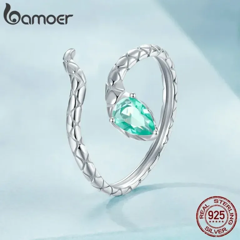 Offener 3D Schlangen-Ring mit grünem Kristall, größenverstellbar (Wrap) | 925 Silberring brand: Bamoer
