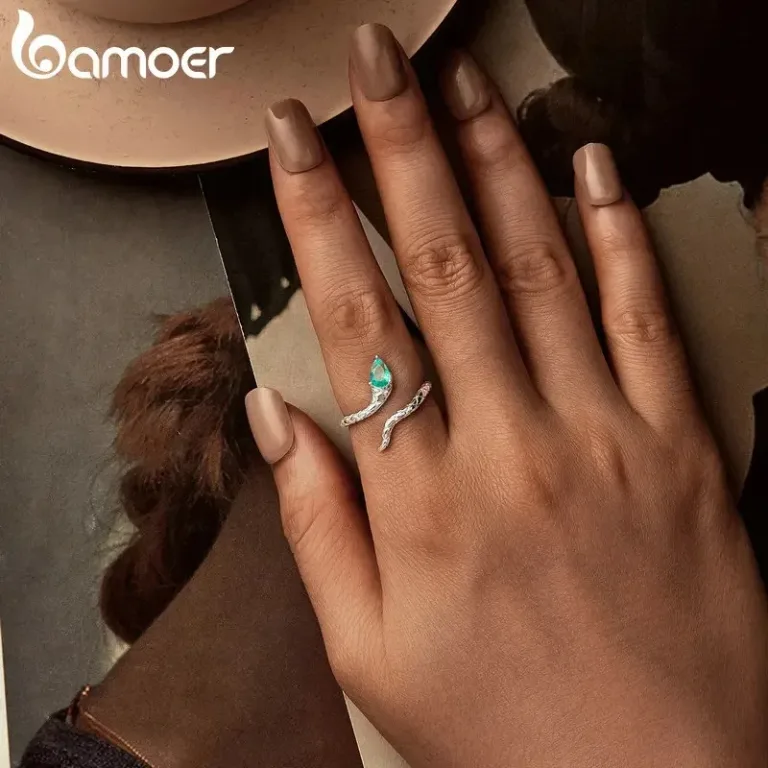 Offener 3D Schlangen-Ring mit grünem Kristall, größenverstellbar (Wrap) | 925 Silberring brand: Bamoer