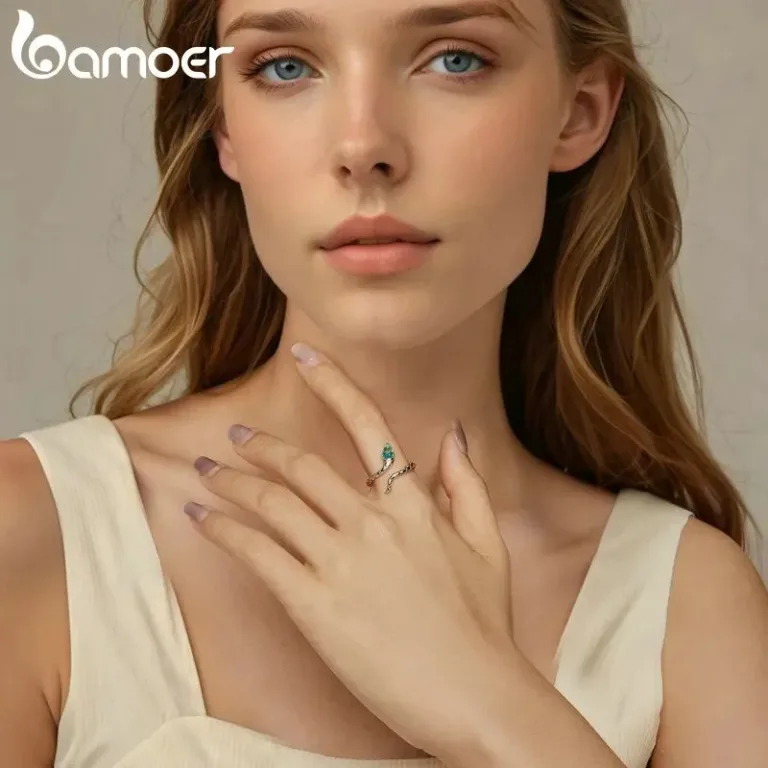 Offener 3D Schlangen-Ring mit grünem Kristall, größenverstellbar (Wrap) | 925 Silberring brand: Bamoer