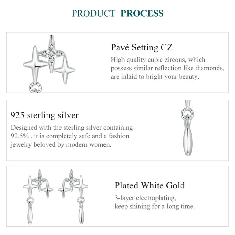 Stern-Ohrstecker! Drei kleine hängende Sterne mit Zirkonia-Kristallen | 925 Silber Ohrringe brand: Bamoer