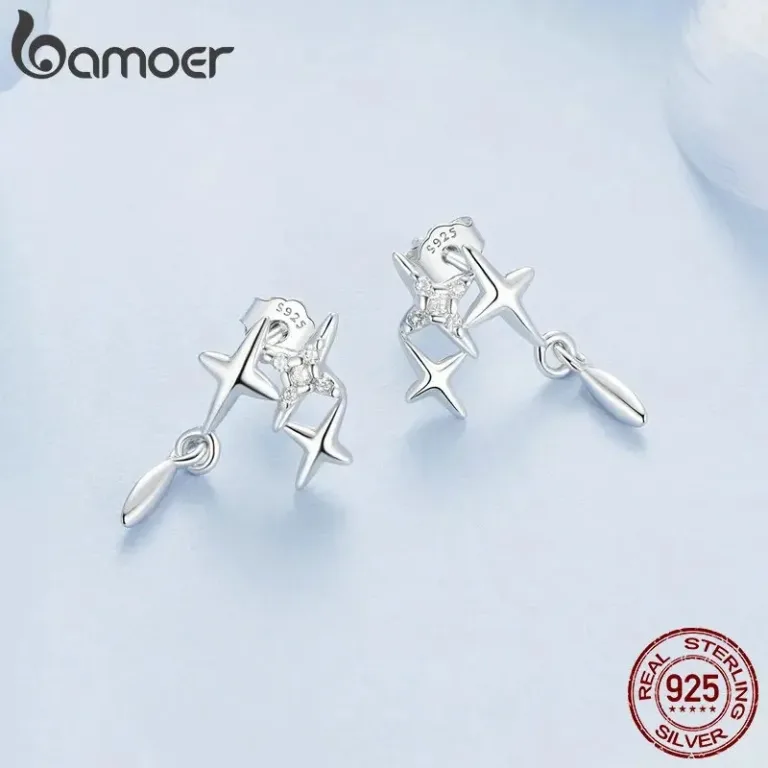 Stern-Ohrstecker! Drei kleine hängende Sterne mit Zirkonia-Kristallen | 925 Silber Ohrringe brand: Bamoer